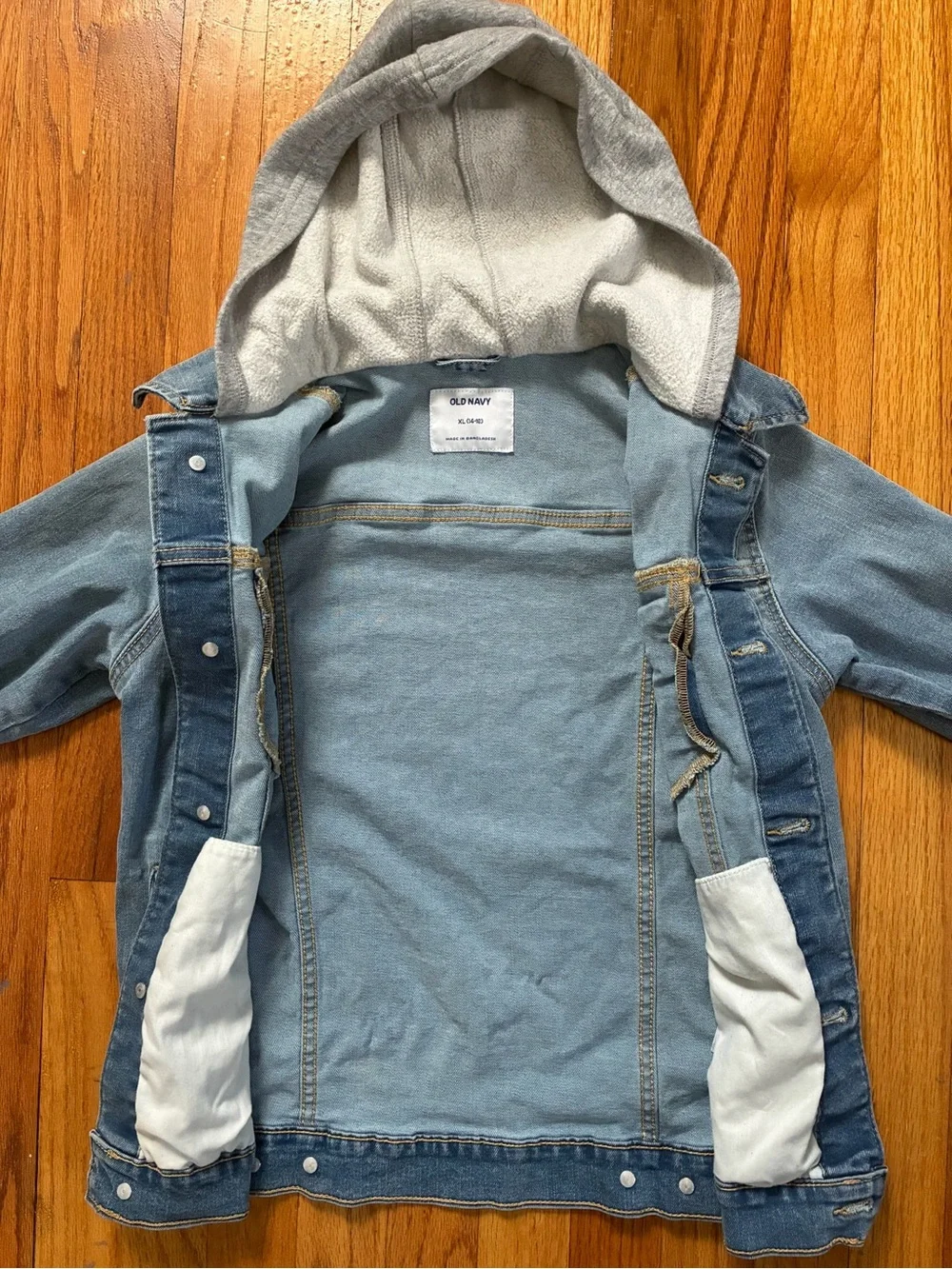 Old Navy Blue Light Wash Denim Button Jacket Gray Fleece Hood Kids XL 14/16
